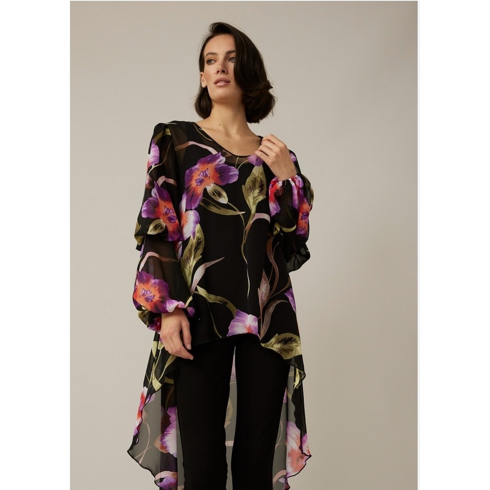 Joseph Ribkoff Floral High Low Sheer Chiffon Tunic Top Black Purple Orange 8